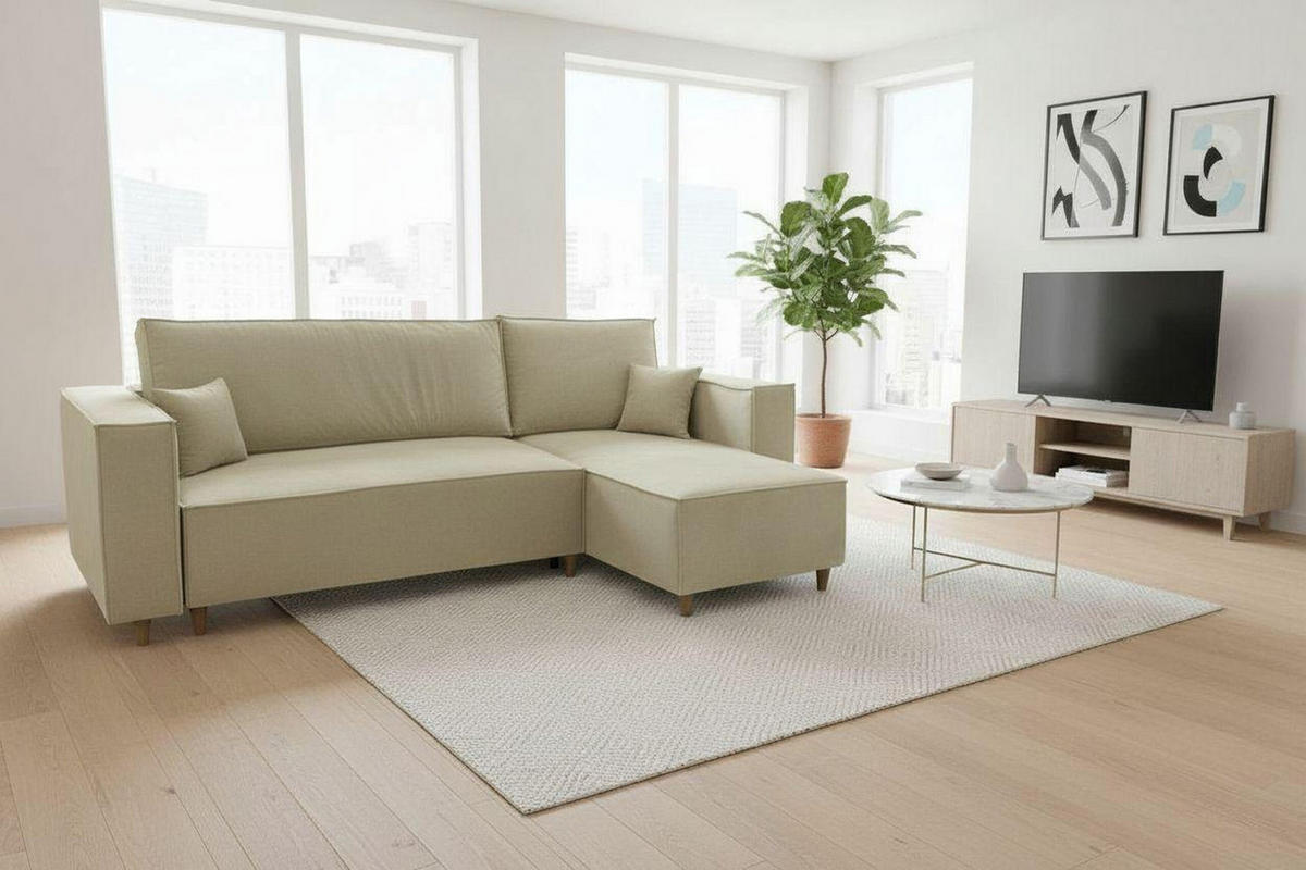 ECKSOFA RIO mit Schlaffunktion und Bettkasten, Farbe: Beige, Velourstoff, Ottomane Universal - Beige, Textil (249/142cm) - Marpur