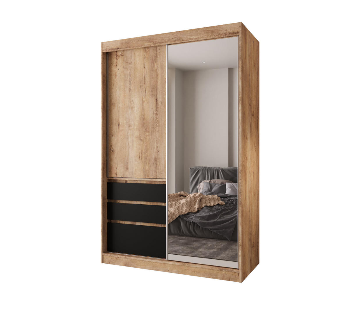 SCHIEBETÜRENSCHRANK PARMA 140, 2-türig Kleiderschrank mit 1 Spiegel, Moderne Garderobe, Schrank in Größe: 140 x 216 x 65 cm - Schwarz/Braun, Holzwerkstoff (140/216/65cm) - O-Sofa