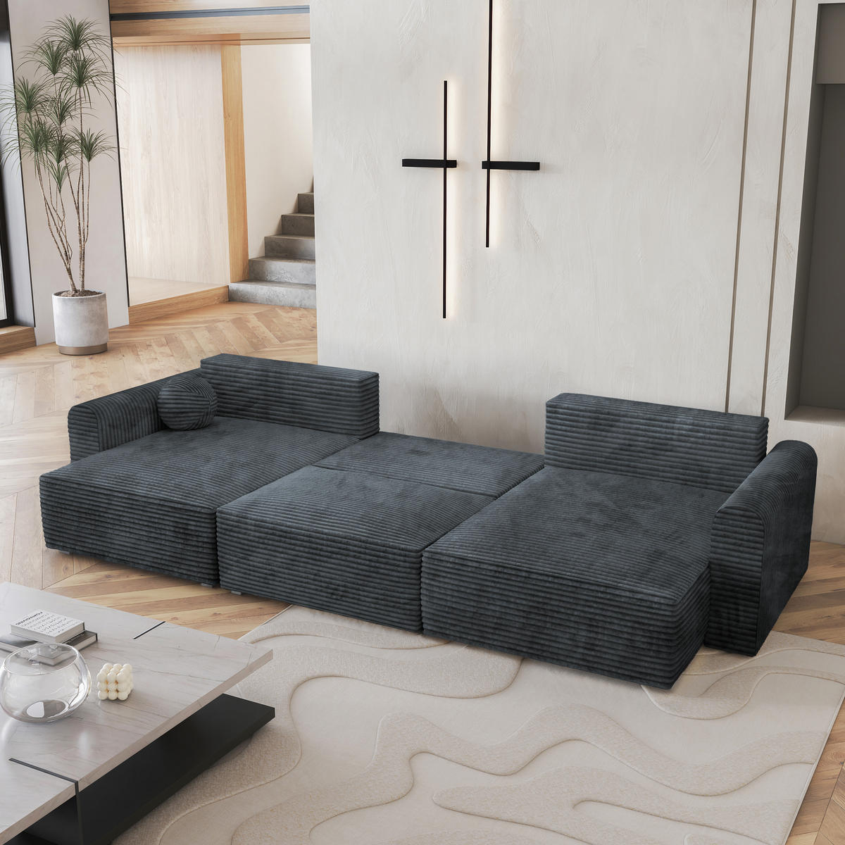 WOHNLANDSCHAFT FENTO Grau Kordstoff mit Schlaffunktion - Grau, Holz (347/90/148cm) - MASSENO