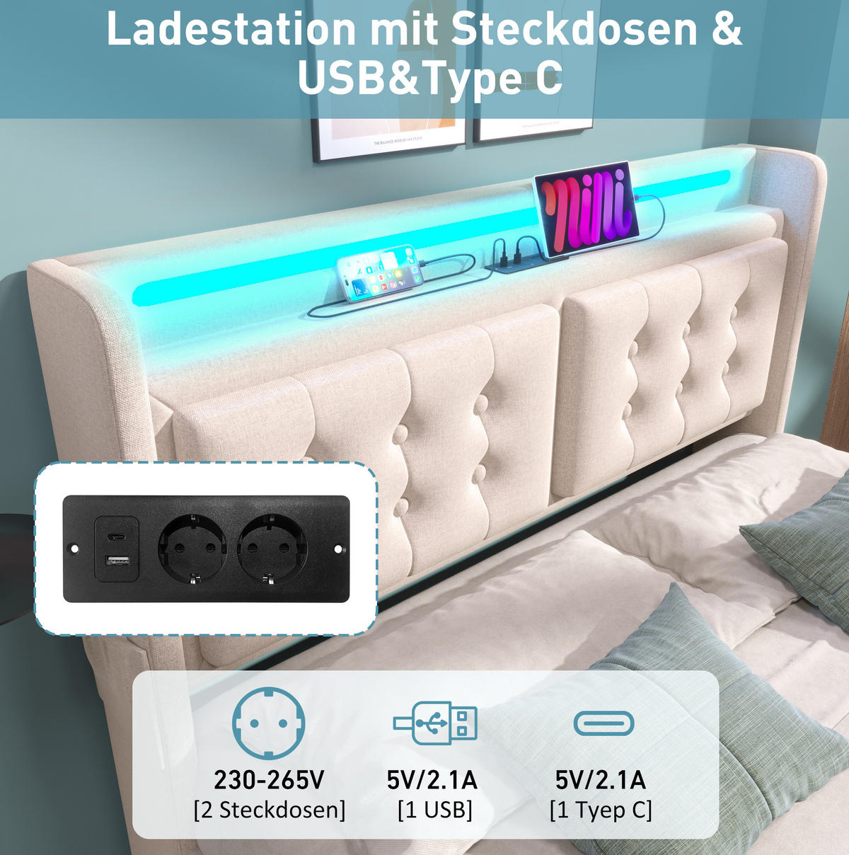 ČALÚNENÁ posteľ z bavlny a dreva 160x200 cm béžová s LED osvetlením, USB-C a úložným priestorom - béžová, textil (160/200cm) - Modfu