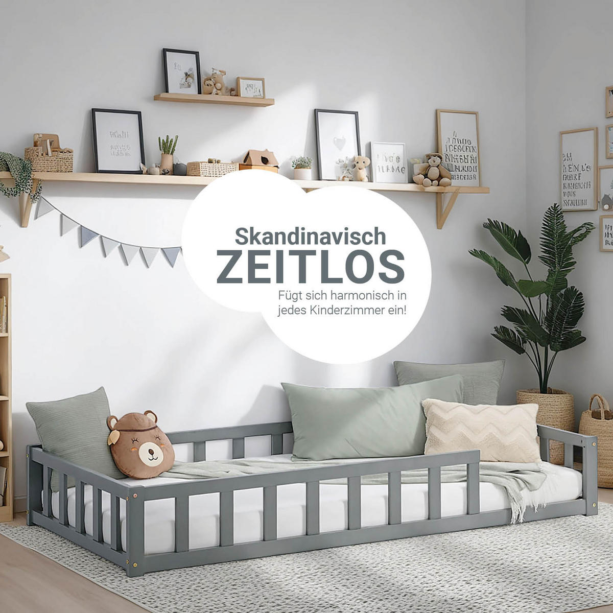 BODENBETT Grau 90x200 cm mit Lattenrost Kind - Grau, Holz (90/200cm) - Homestyle4u
