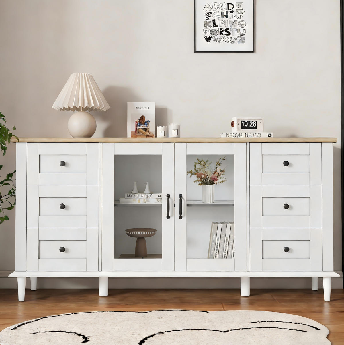 PŘÍBORNÍK z MDF 150x40x75 cm bílý v dekoru dřeva s LED osvětlením, 6 zásuvkami a 2 akrylovými dvířky - bílá, kompozitní dřevo (150/75/40cm) - Modfu