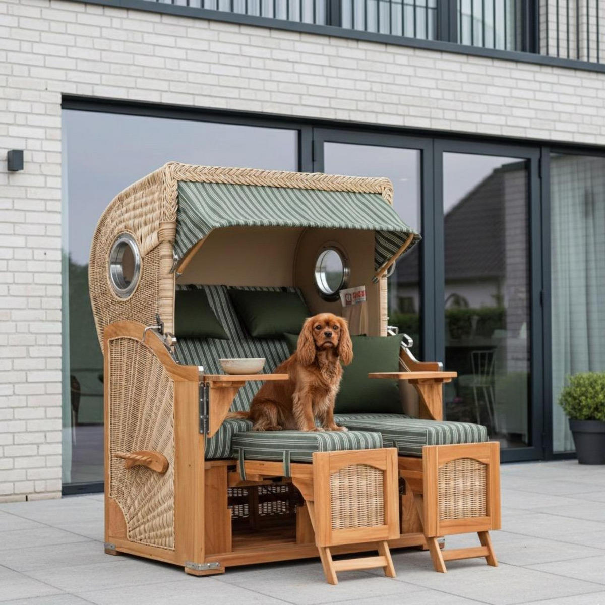 STRANDKORB Düne 2-Sitzer Teak Shell Bullauge - Braun/Grün, Holz/Metall (125/170/80cm) - Mr. Deko