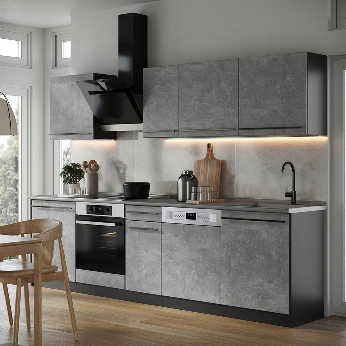 KÜCHENZEILE R-Line, Beton/Anthrazit, 280 cm Arbeitsplatte Anthrazit - Anthrazit/Grau, Holzwerkstoff (280/206.8/60cm) - Vicco