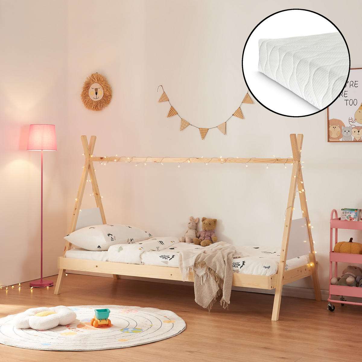 KINDERBETT Siikajoki mit Matratze - Naturfarben, Holz/Textil (90/200cm) - [en.casa]