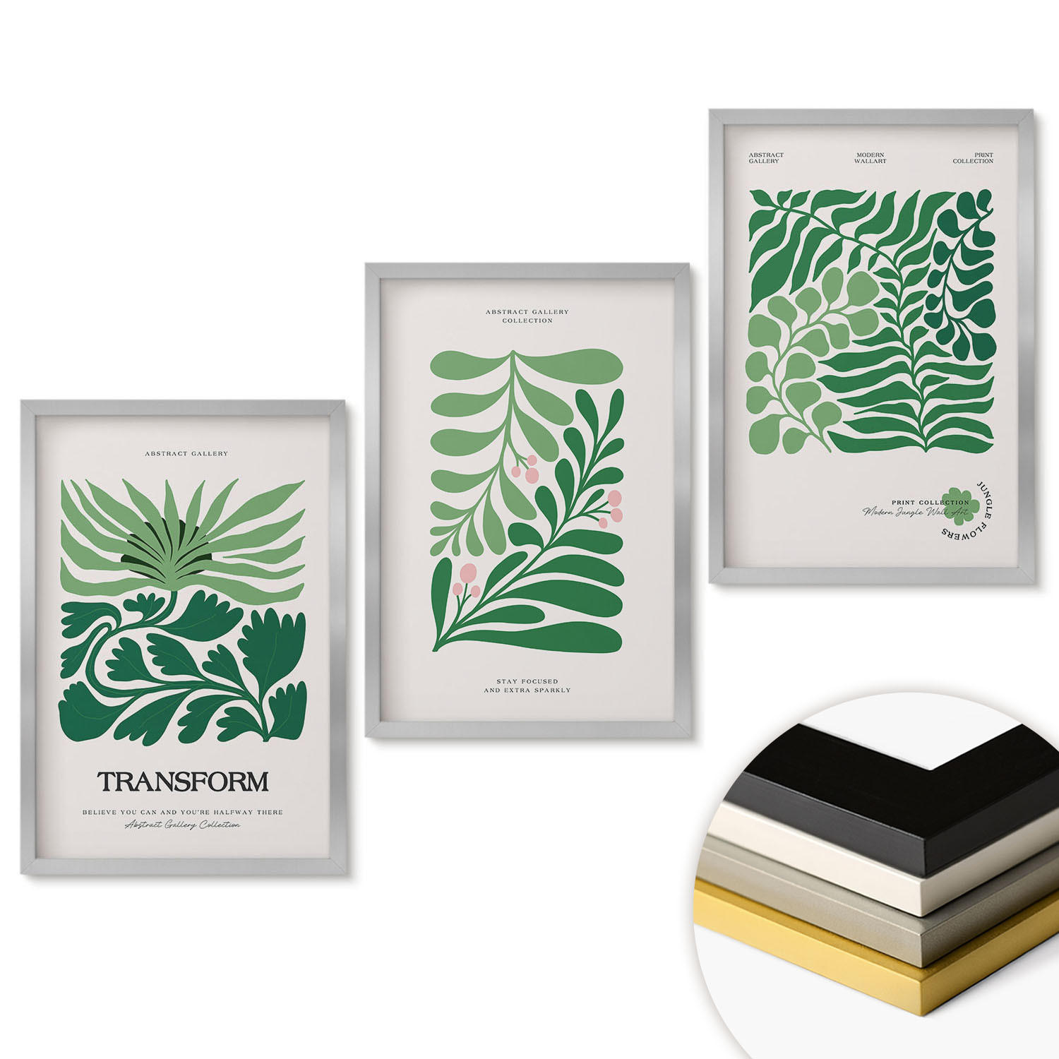 WANDBILDER 3er Set - 40x60 cm Silberner Rahmen - Formen grüner Blätter - Silberfarben, Kunststoff (40/60cm) - ArtPrintCave
