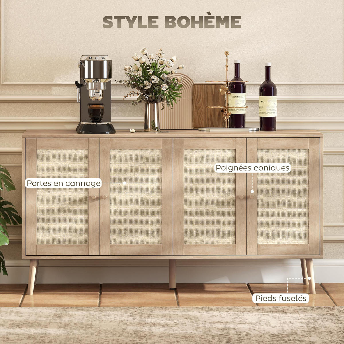 SIDEBOARD DE-11246 2 Türen mit Rattan & verstellbaren Böden Naturholz - Naturfarben, Holzwerkstoff (140/75/40cm) - ComfortXL