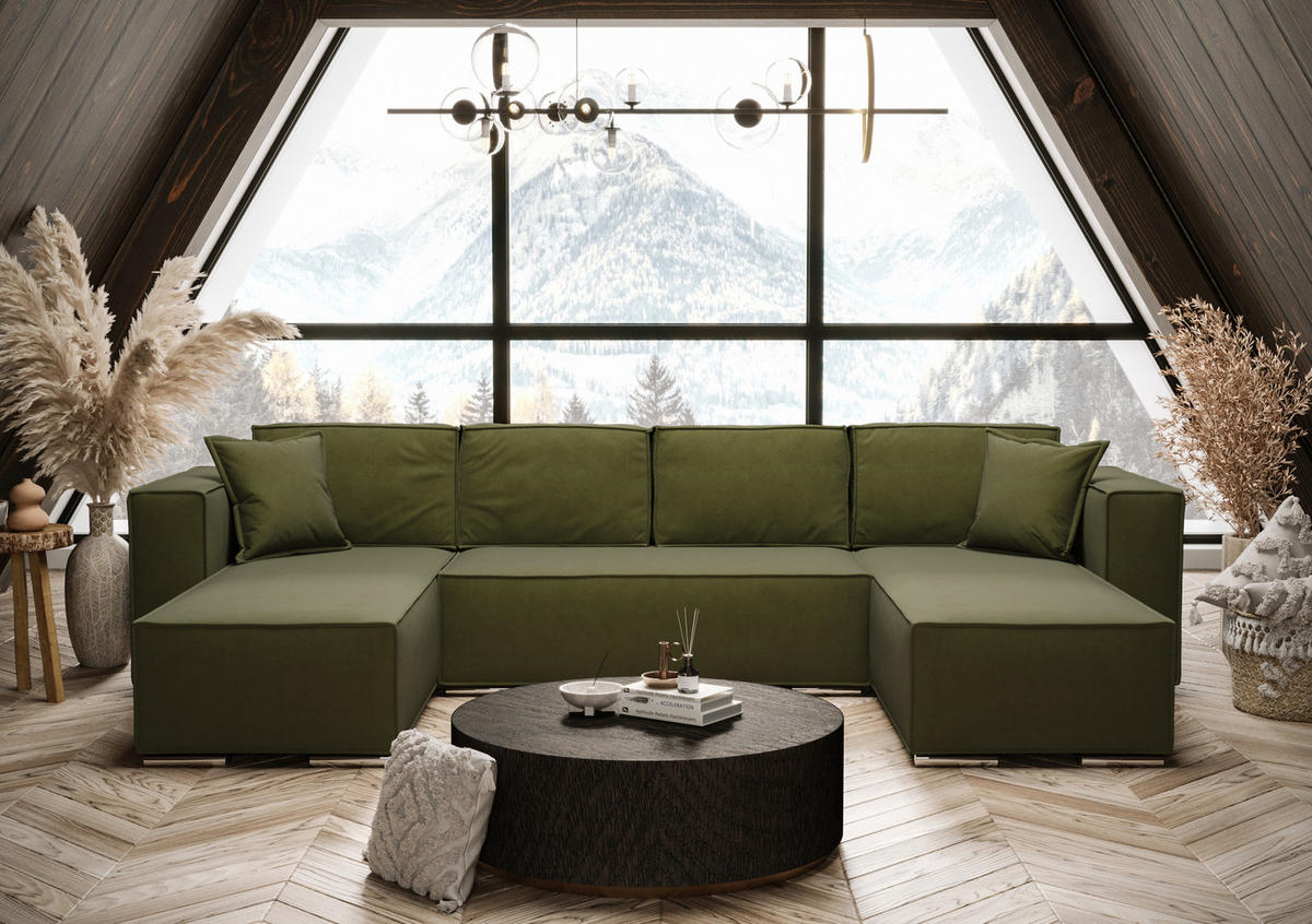 WOHNLANDSCHAFT Vinoria Dunkelgrün 327/180/82 cm mit Schlaffunktion - Chromfarben/Dunkelgrün, Textil/Metall (327/82/180cm) - AX Living