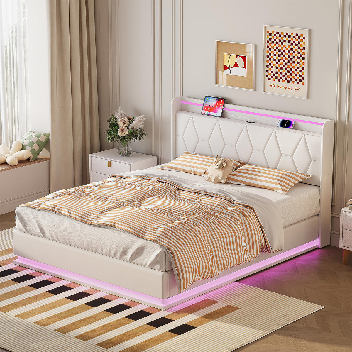 POLSTERBETT 160x200 cm, Doppelbett mit LED, Weiß Samt - Weiß, Metall (160/200cm)