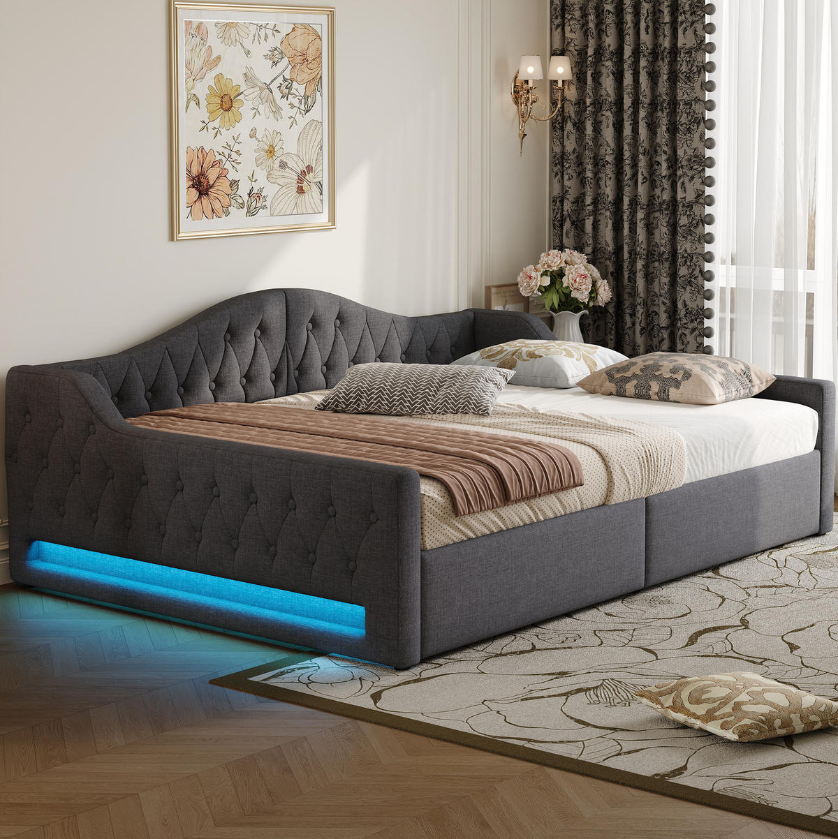 POLSTERBETT 140/200 cm Grau aus MDF mit LED-Beleuchtung und Stauraum - Grau, Holzwerkstoff (140/200cm) - OKMYHOME