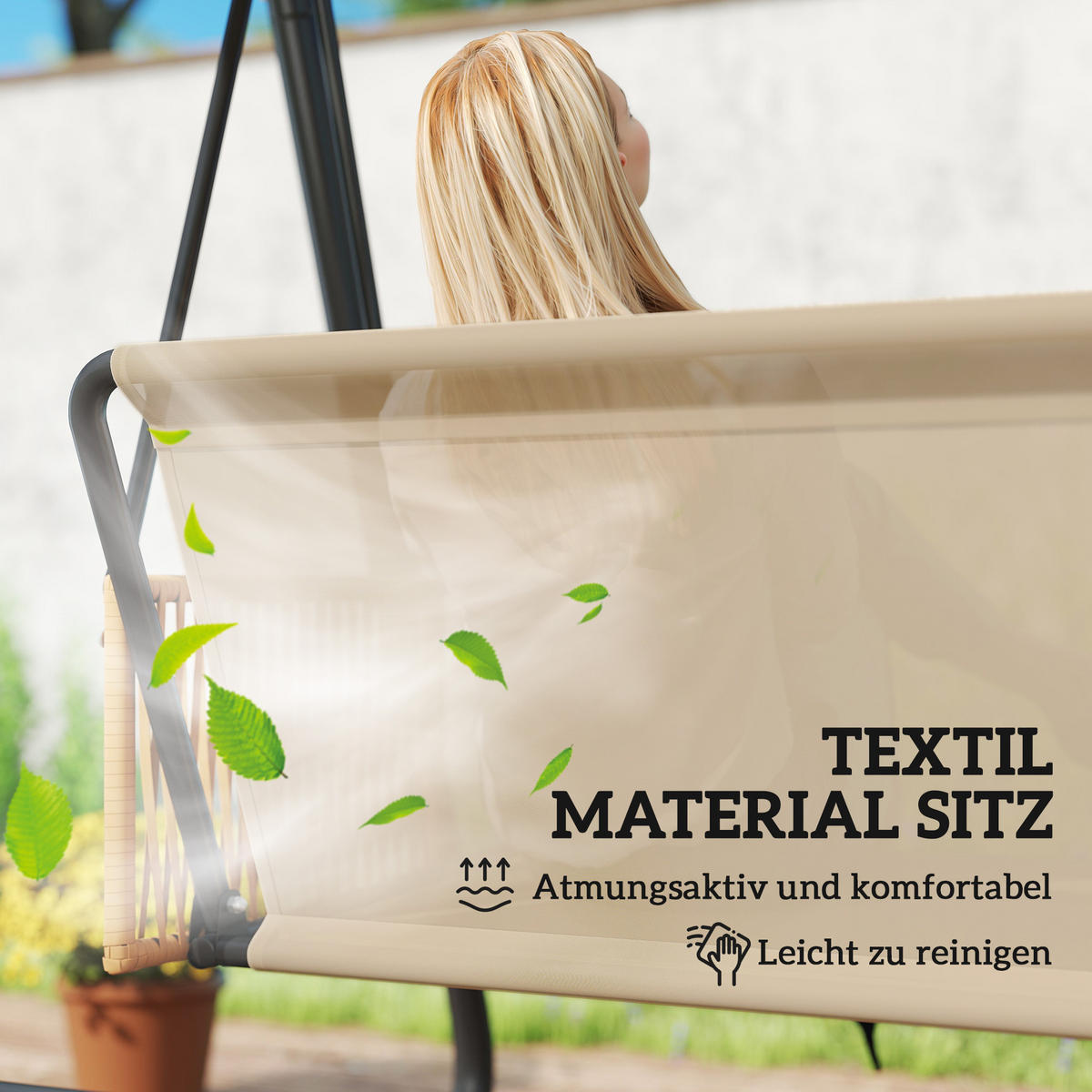 HOLLYWOODSCHAUKEL Metall Polyester Sand - Sandfarben/Schwarz, Textil/Metall (121/165/203cm) - Outsunny