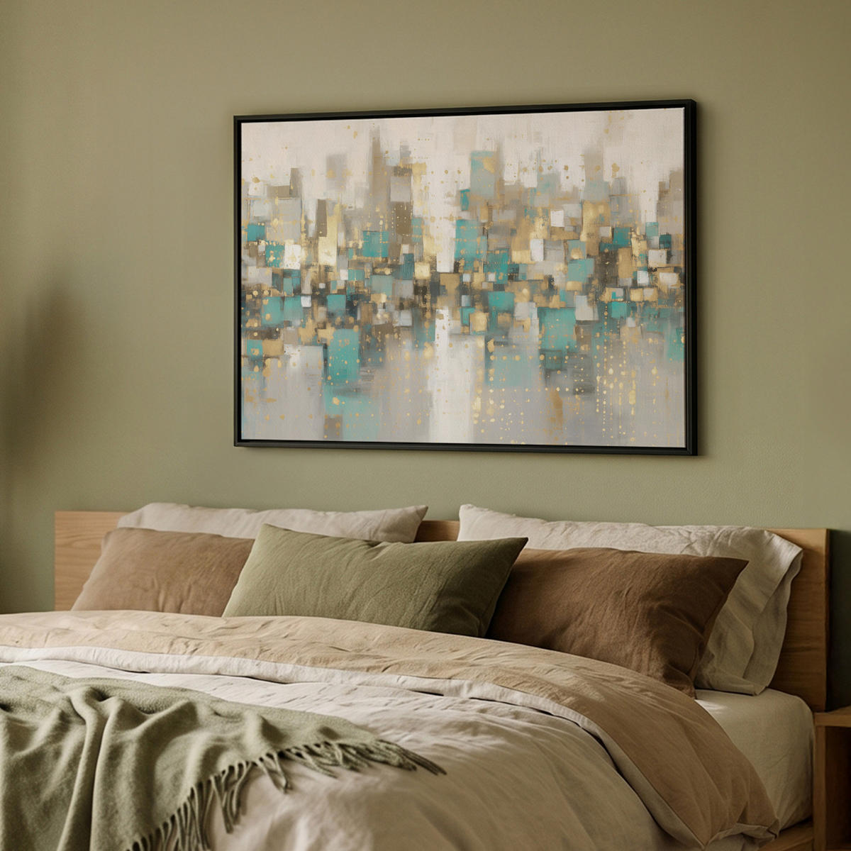 LEINWAND Bilder mit Rahmen - Abstrakt - Blöcke - Gold - Skyline - 100x70 - Beige, Textil (100/70cm) - MuchoWow