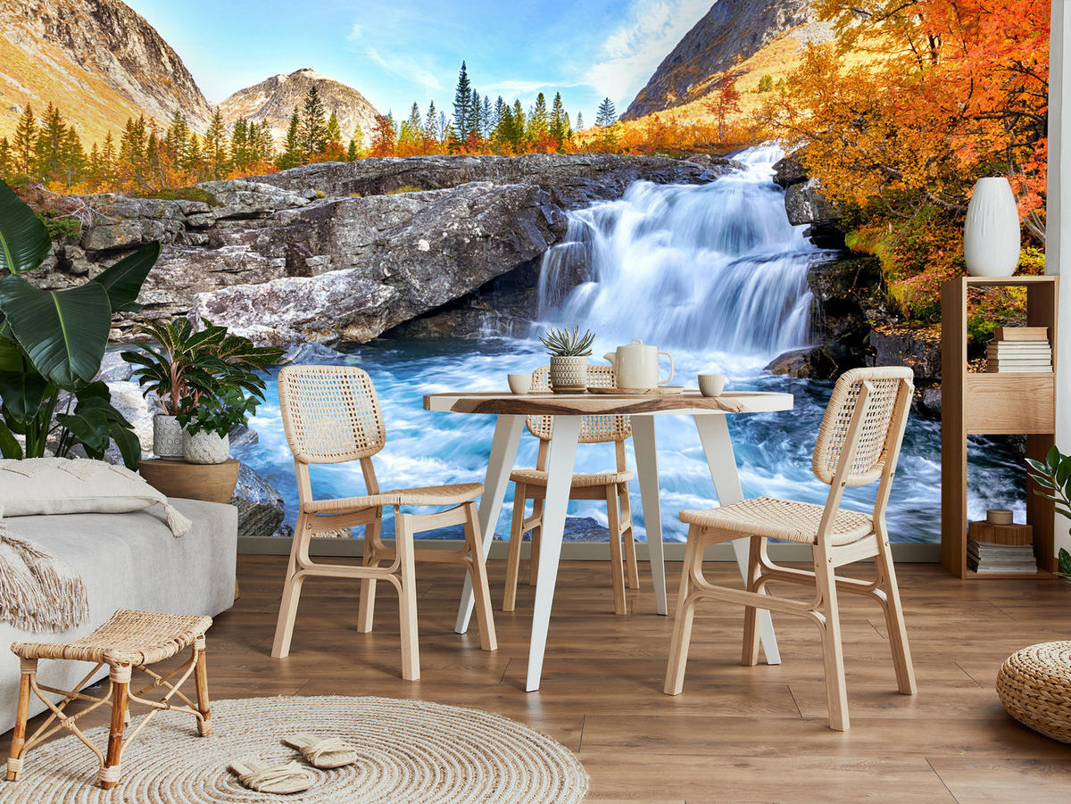 FOTOTAPETE Wasserfall Berge Wald Felsen 3D 300x210 - Blau/Gelb, Papier (300/210cm) - Muralo