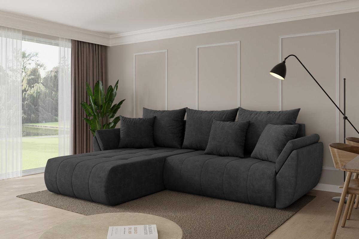 ROHOVÁ SEDAČKA s funkcí spaní, otoman vlevo TOKO-L 277x194x86 tmavě šedá velur - černá/antracitová, kompozitní dřevo/textil (277/194cm) - ALTDECOR