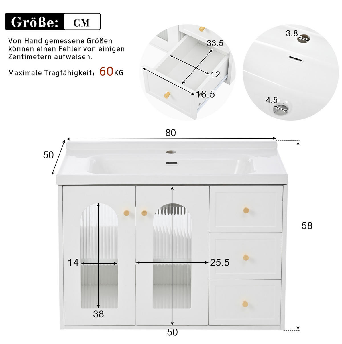 WANDMONTIERTER Badschrank mit Keramikwaschbecken 80x50x58 cm Weiß, 2 Schubladen, verstellbare Einlegeböden, modernes Design - Weiß, Holzwerkstoff (80/58/50cm) - Modfu