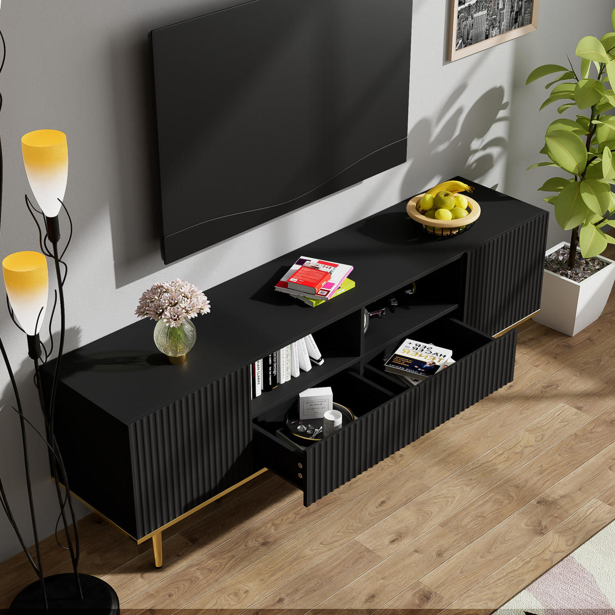 TV-SCHRANK 165/36/55 cm schwarz Akazie mit goldenen Füßen und grifflosen Türen - Schwarz, Holzwerkstoff (165/55/36cm) - OKWISH