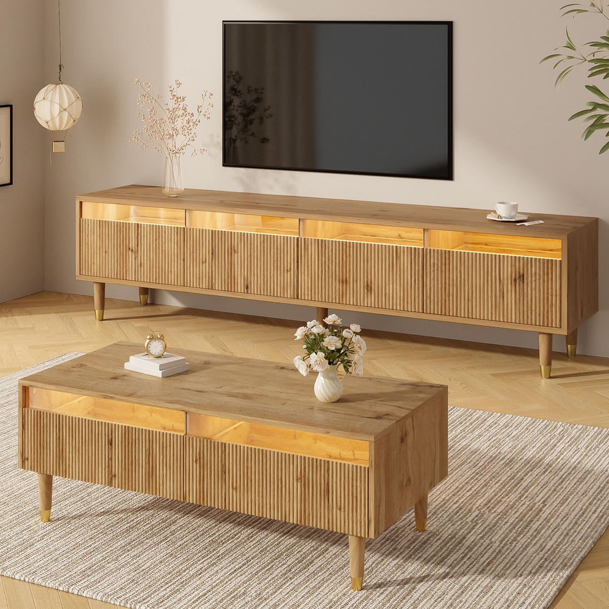 TV-SCHRANK SET 4 Türen Couchtisch 2 Schubladen LED Holz Gold - Braun, Holz (57.78/12.7/119cm) - FLIEKS