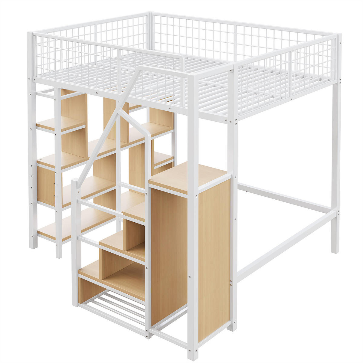 HOCHBETT 140/200 cm weiß Metallbett mit Stauraumtreppe und Ablageflächen - Weiß, Metall (140/200cm) - OKWISH