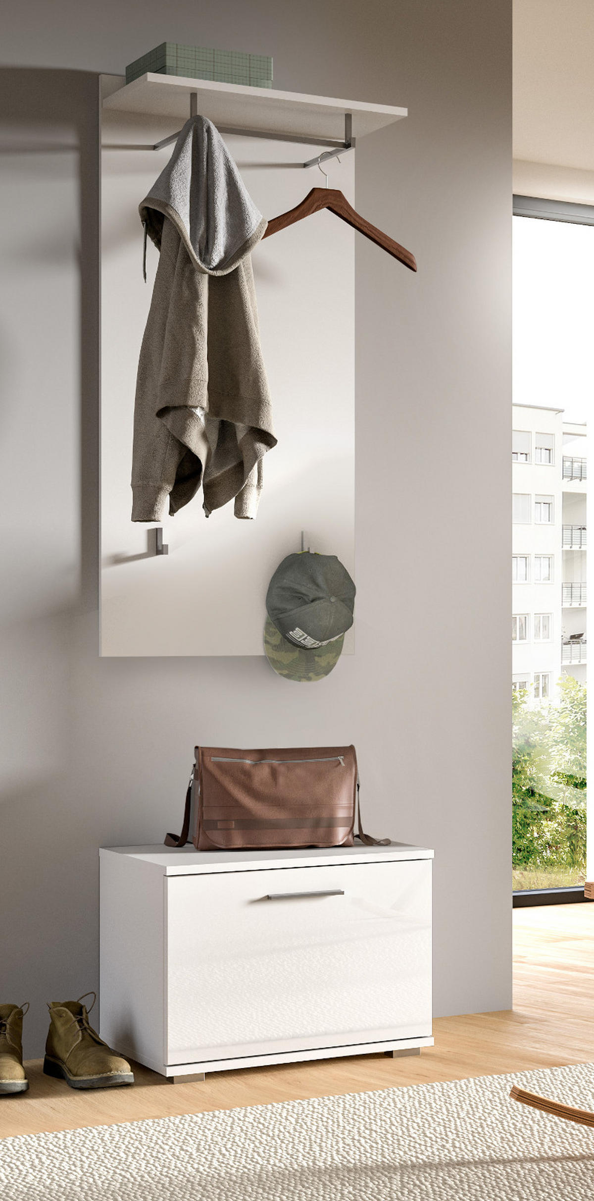 GARDEROBE Set 2-teilig weiß Hochglanz 55 cm, Flurgarderobe mit Kleiderhaken - Weiß Hochglanz/Silberfarben, Holzwerkstoff/Kunststoff (55/191/37cm) - Inn.Furn