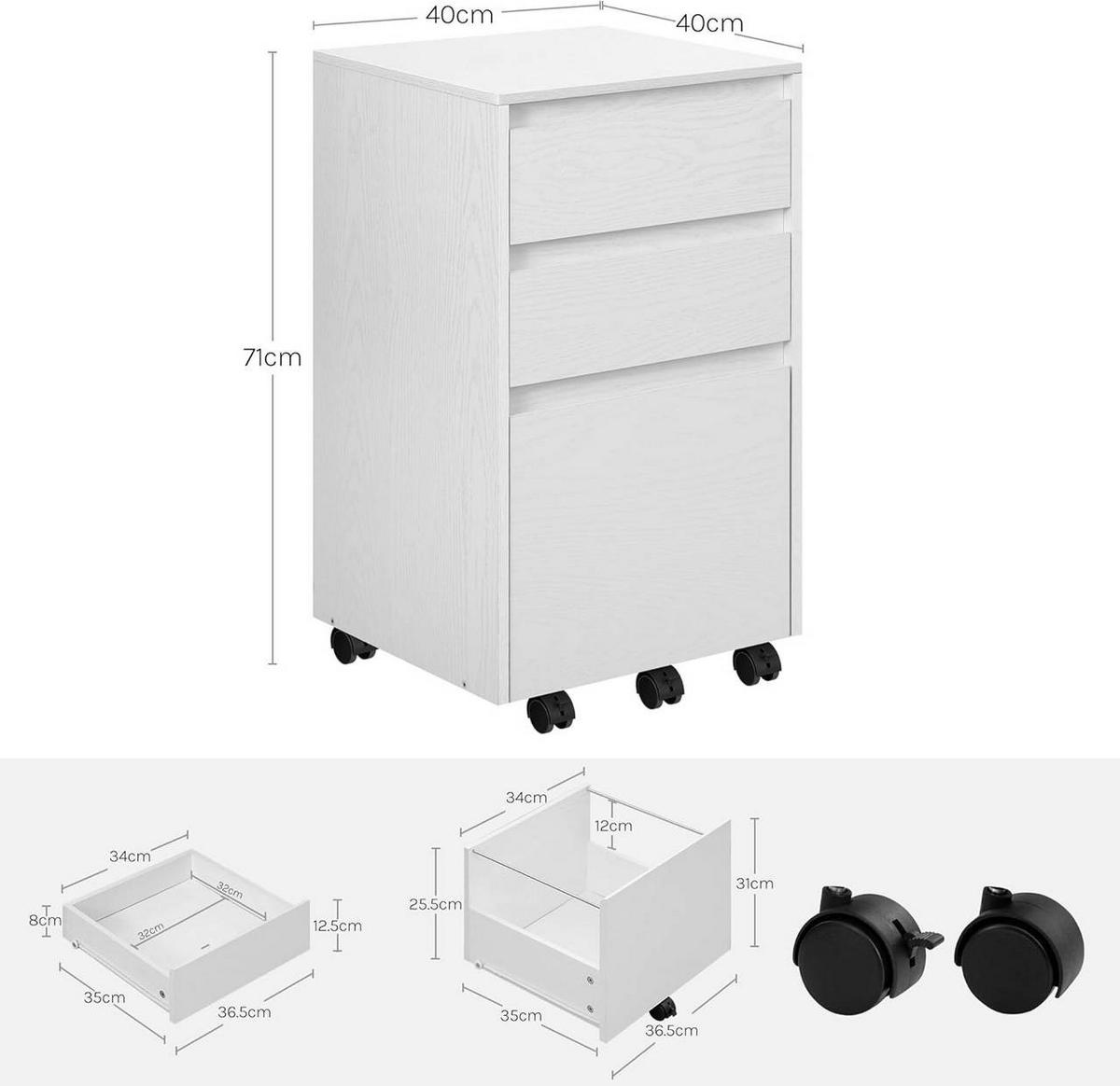 ROLLCONTAINER, Aktenschrank, 40x70x40 cm, Weiß+Schwarz - Weiß, Holzwerkstoff (40/70/40cm) - Woltu