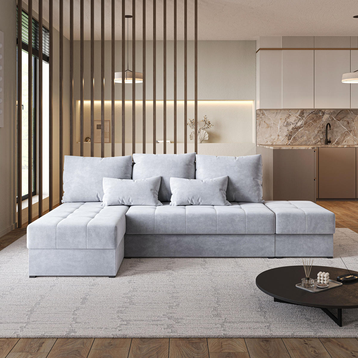 ECKSOFA NORVI Hellgrau Plüsch-Stoff mit Schlaffunktion - Hellgrau, Holz (251/143cm) - MASSENO