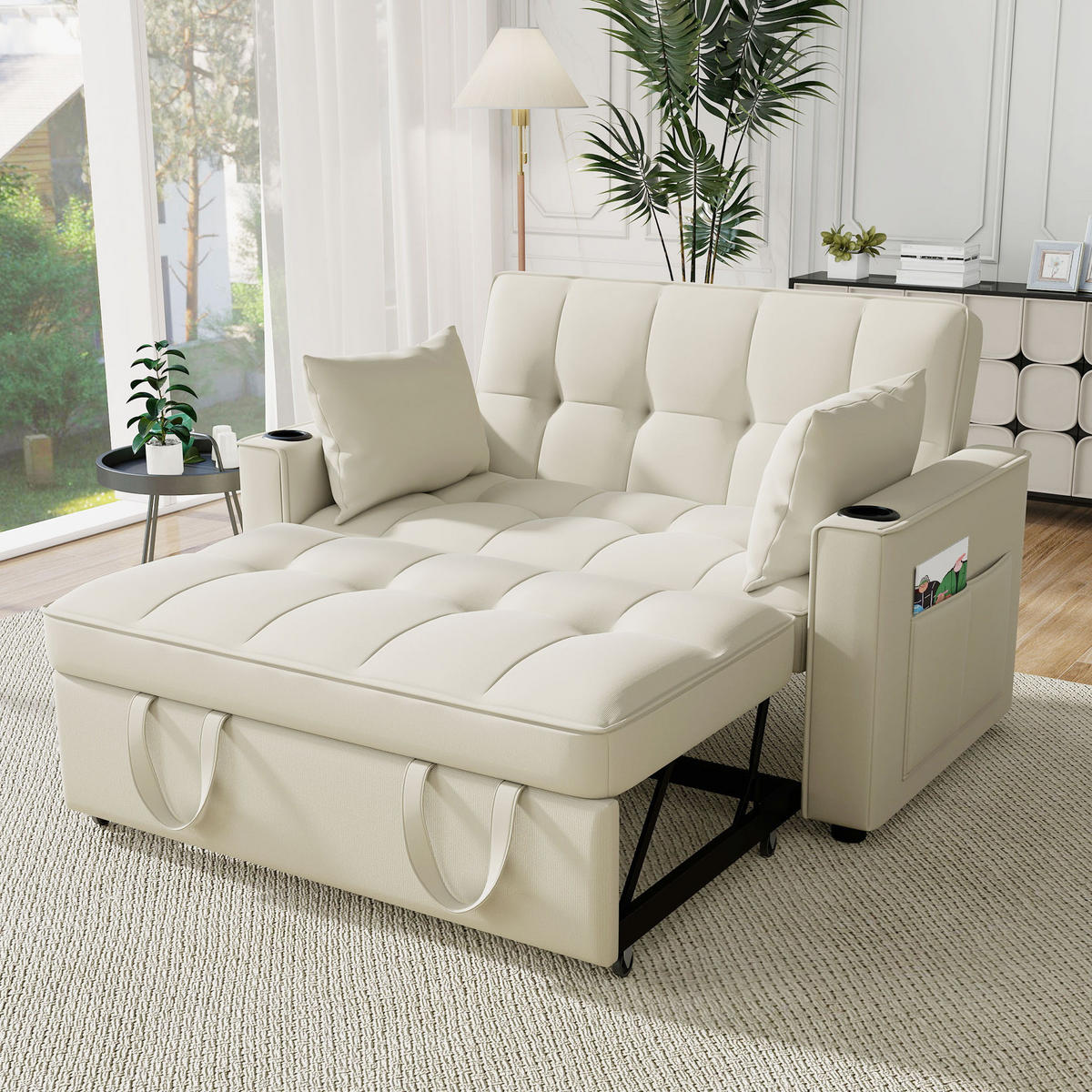 SCHLAFSOFA Multifunktion mit Getränkehalter und 2 Kissen Samt Beige 137/76,5/83 cm - Beige, Textil (137/83/76.5cm) - OKWISH