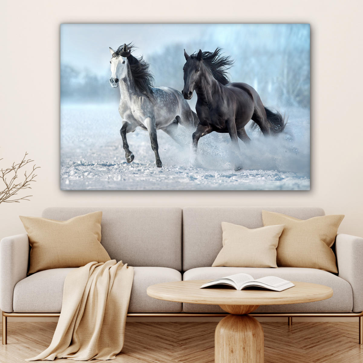 LEINWANDBILD Pferde - Winter - Tiere - Natur - Schnee Wohnzimmer 120x80 cm - Anthrazit, Textil (120/80cm) - MuchoWow