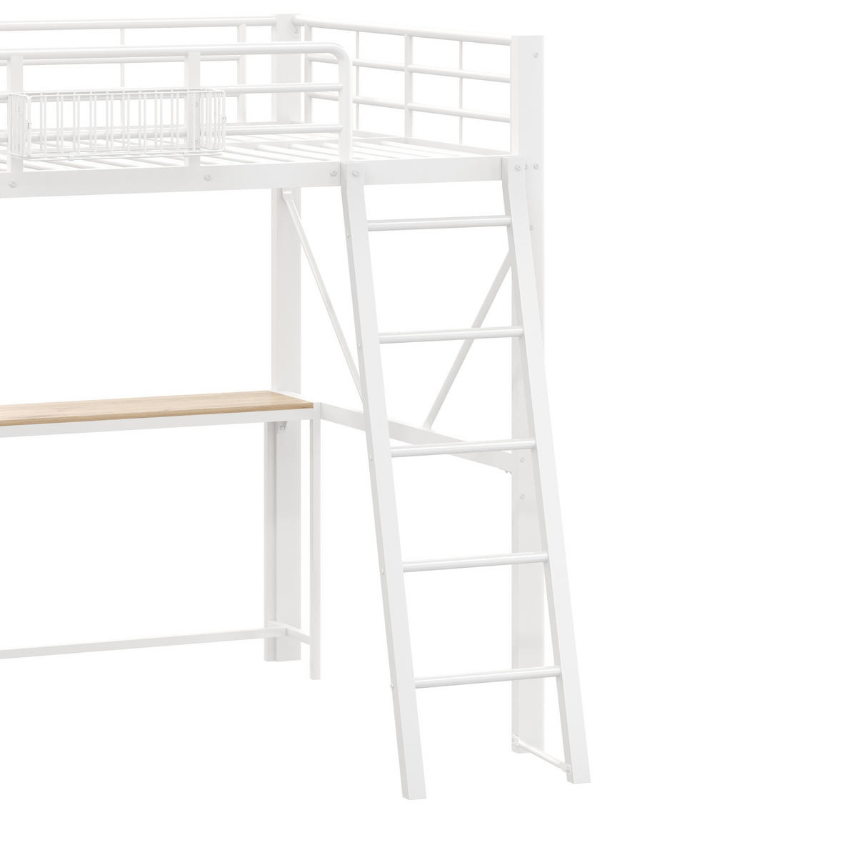 HOCHBETT aus Metall und MDF 140x200 cm Weiß mit Schreibtisch, LED-Beleuchtung, Regal und Aufbewahrungskorb - Weiß, Holzwerkstoff (140/200cm) - Modfu