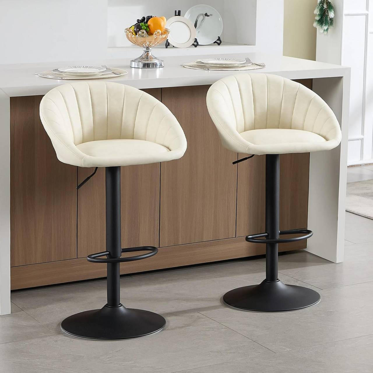 BARHOCKER 2er Set Kunstleder, Metall, Beige - Beige/Schwarz, Kunststoff/Metall (53/83/45cm) - Woltu