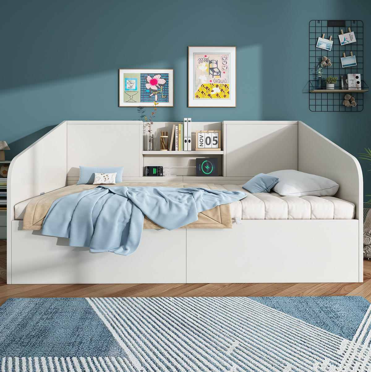 ČALOUNĚNÁ postel 90/190 cm dřevo bílá, s hydraulickým úložným prostorem a USB/Type-C - bílá, kompozitní dřevo (90/190cm) - BEAOK