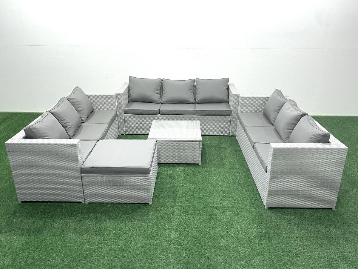 GARTENMÖBELSET mit 3-SITZER SOFA,COUCHTISCH Polyrattan Hellgrau-Mix 10-Sitzer - Hellgrau/Grau, Glas/Kunststoff - Fimous