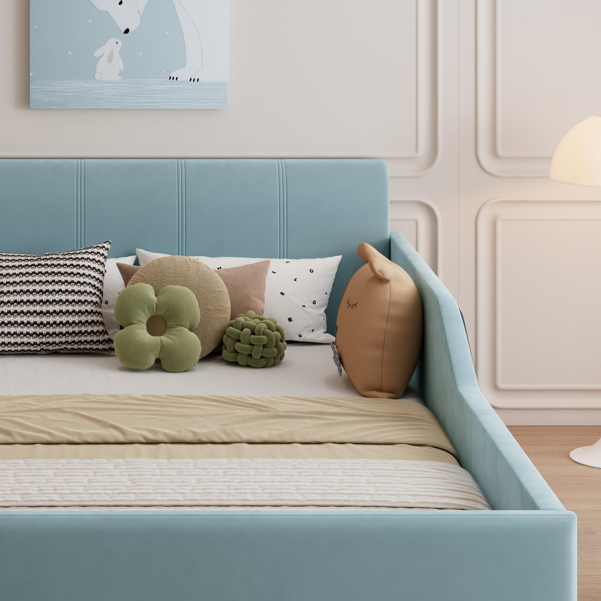 POLSTERBETT 140/200 cm in Blau & Natur mit Schreibtisch, Hocker und Ablageboden Samt - Blau, Holzwerkstoff/Textil (140/200cm) - CHICFURN