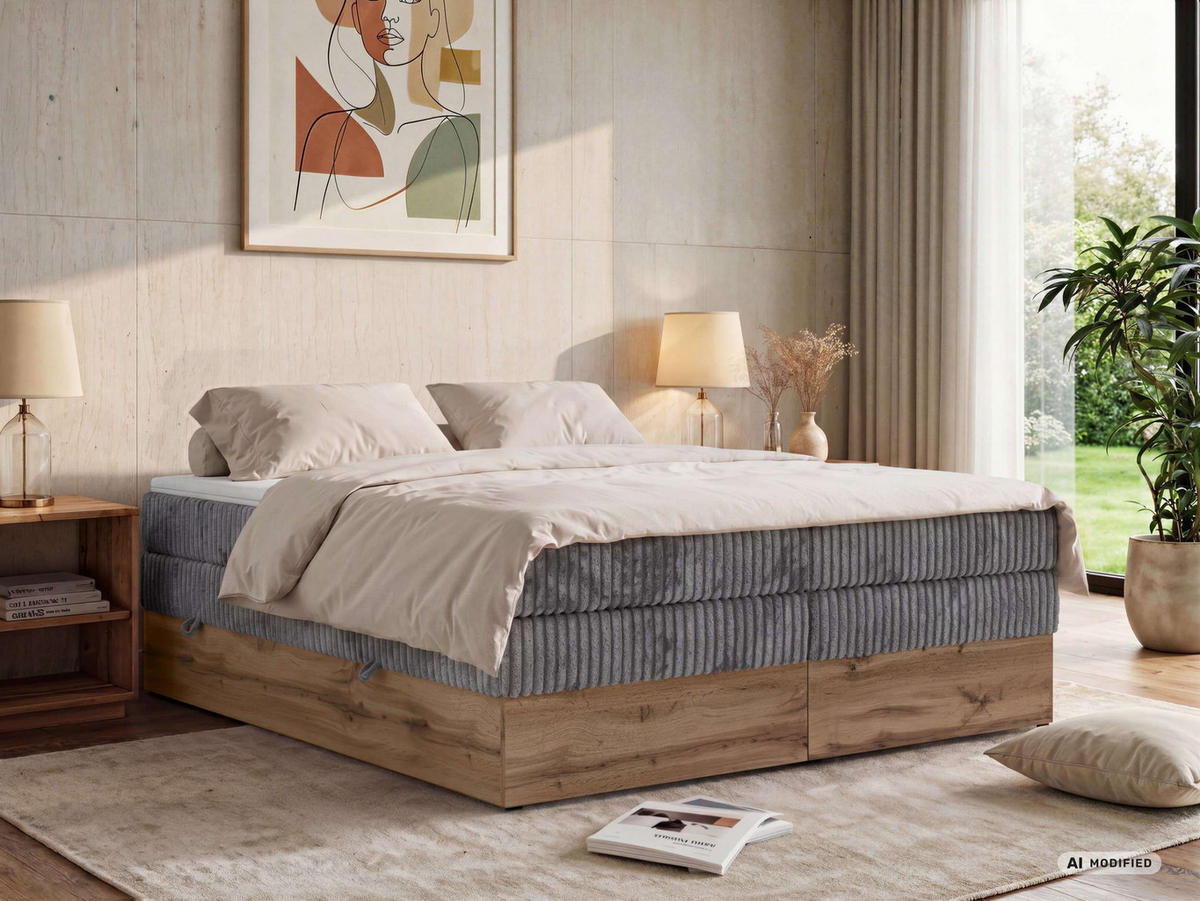 BOXSPRINGBETT WOOD ZERO KING 160/200 - Grau Cord - Topper Visco - H3 - Schwarz/Grau, Kunststoff/Textil (160/200cm) - MKS