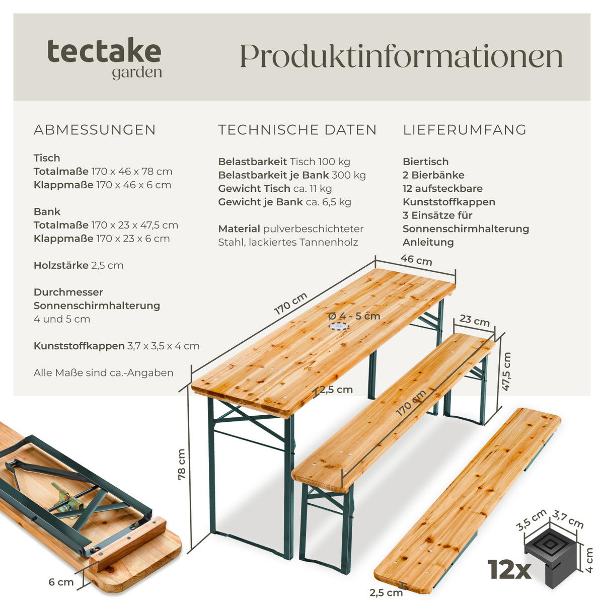 BIERZELTGARNITUR Ludwig,Holzlackierung mit Klarlack,braun - Braun, Naturmaterialien/Metall - tectake