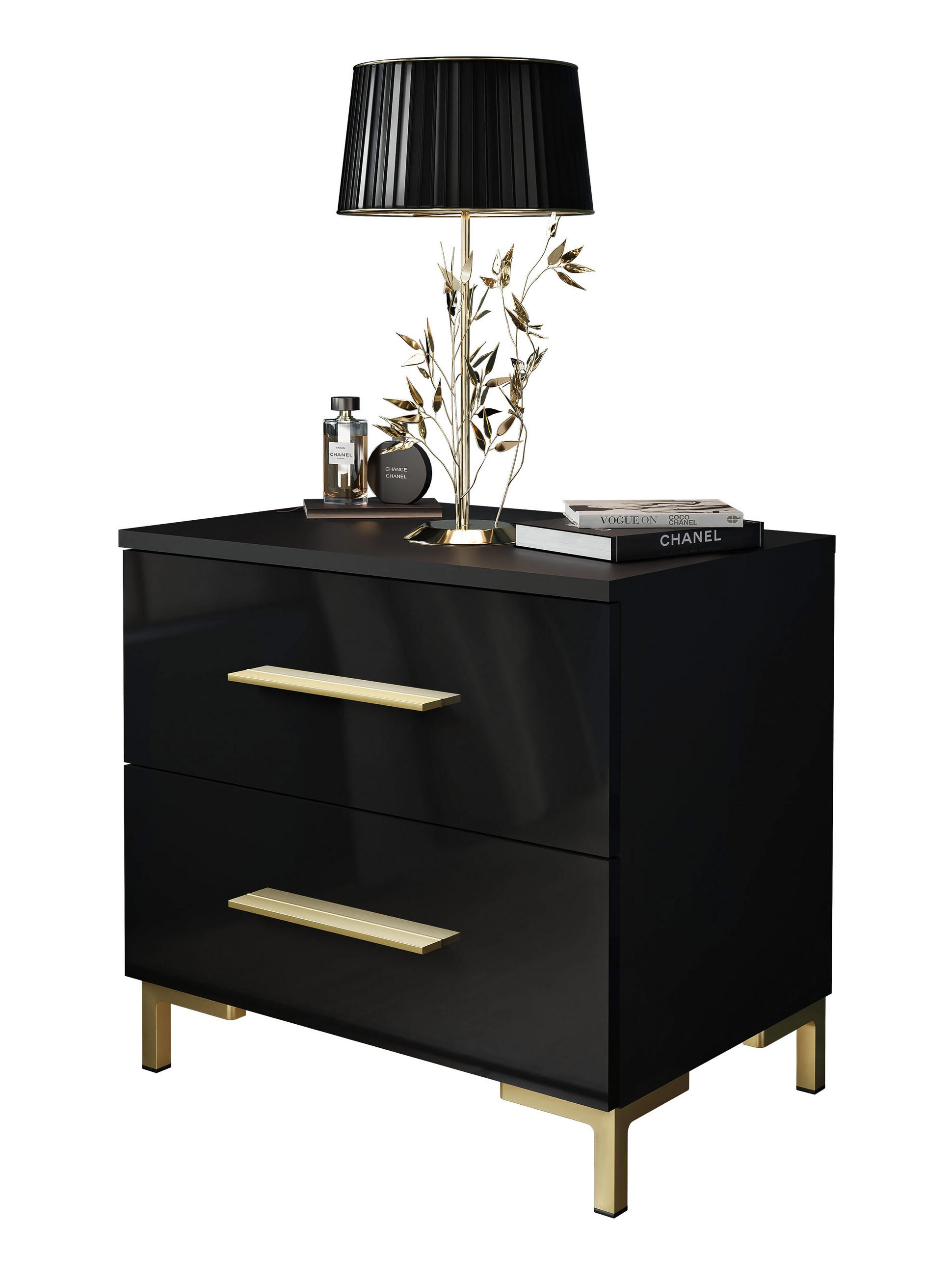 NACHTTISCH LINA GOLD mit Beinen, Hochglanz - Schwarz, Holzwerkstoff (55/52/37cm) - Lookway