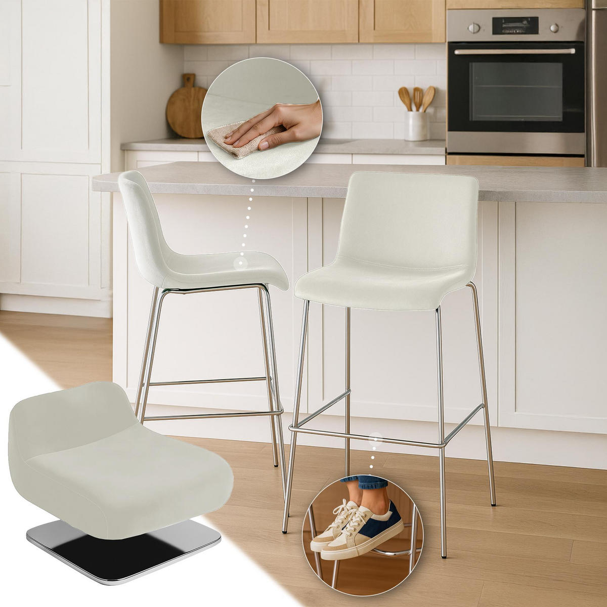 BARHOCKER Samt Creme - Chromfarben/Creme, Textil/Metall (43/100/48cm) - CLP