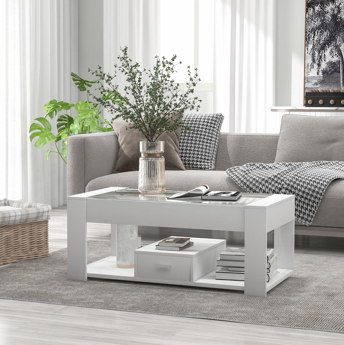 COUCHTISCH, weiße Glasplatte, Spanplatte, 2 Schubladen & offenes Fach, 100/50/40 cm,weiß - Weiß, Holzwerkstoff (100/50/40cm) - Redom