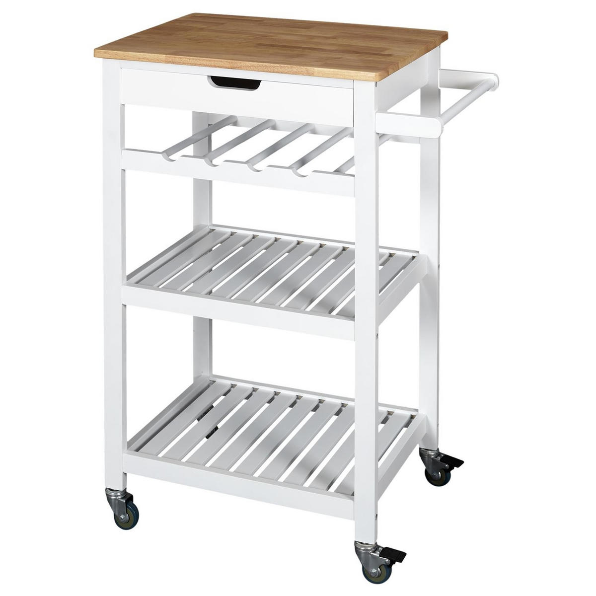 SERVIERWAGEN mit Rollen 3 Etagen und 1 Schublade weiß und Holz 61/84,5/40 cm - Weiß, Holzwerkstoff (61/84.5/21cm) - Calicosy