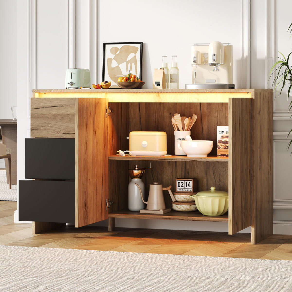 SIDEBOARD holzoptik & schwarz mit 3 schubladen, 2 türen & led-beleuchtung - Naturfarben, Holzwerkstoff (120/76/40cm) - Urban Meuble