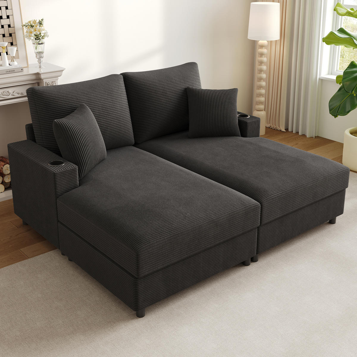 SCHLAFSOFA 163/140/82 cm in Grau – mit USB-Anschluss und Cordbezug - Grau, Textil (140/82/163cm) - BEAOK