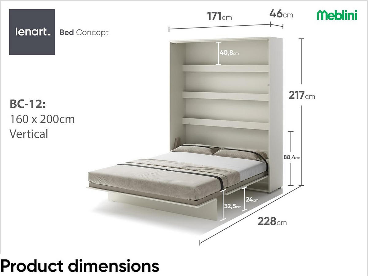 SCHRANKBETT BC-12 - 160x200cm Vertikal - Kaschmir mit Matratze - Kaschmir, Holzwerkstoff (160/200cm) - Meblini