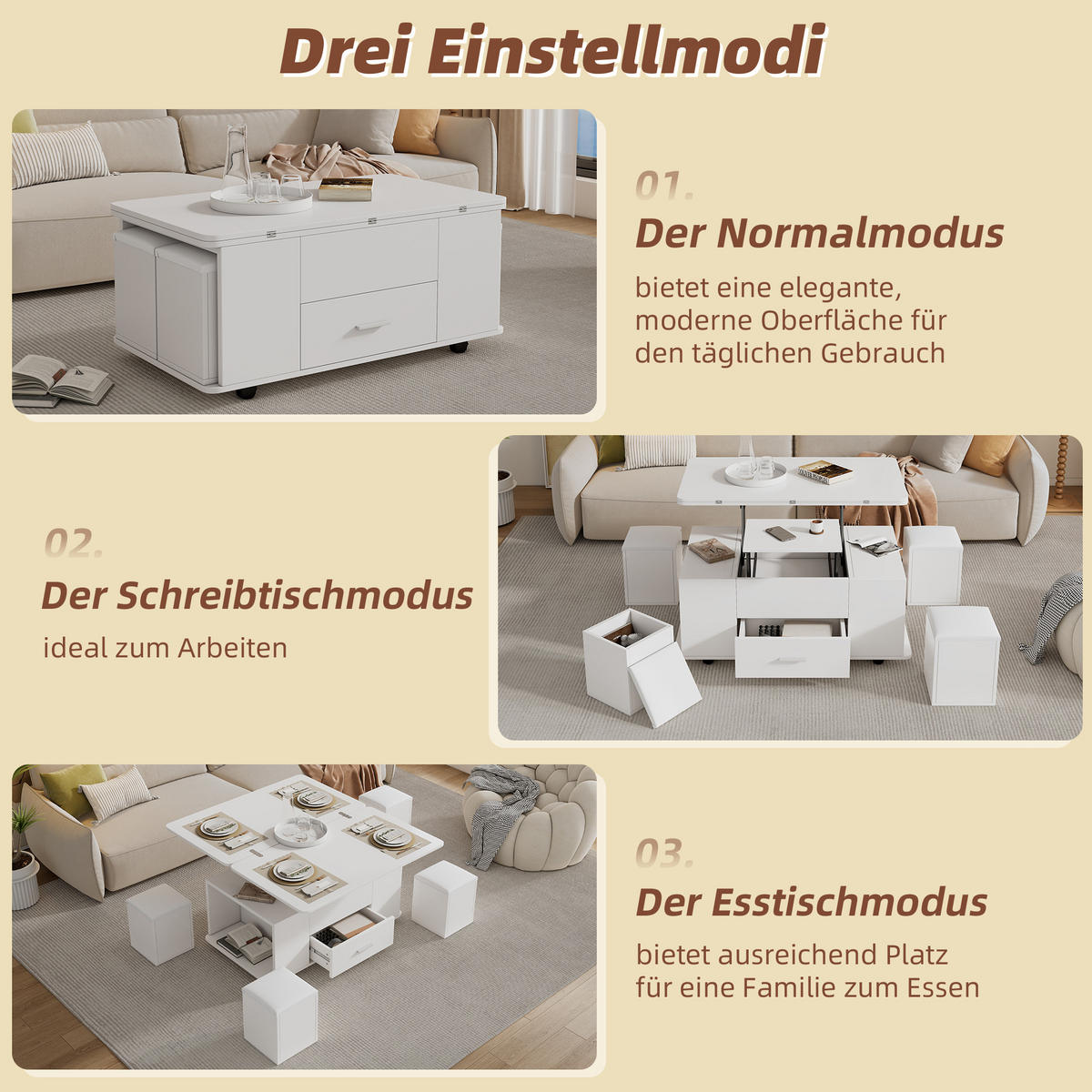 COUCHTISCH Höhenverstellbar 4-in-1 Weiß mit Schubladen 4 Hocker - Weiß, Holzwerkstoff (100/50/45cm)