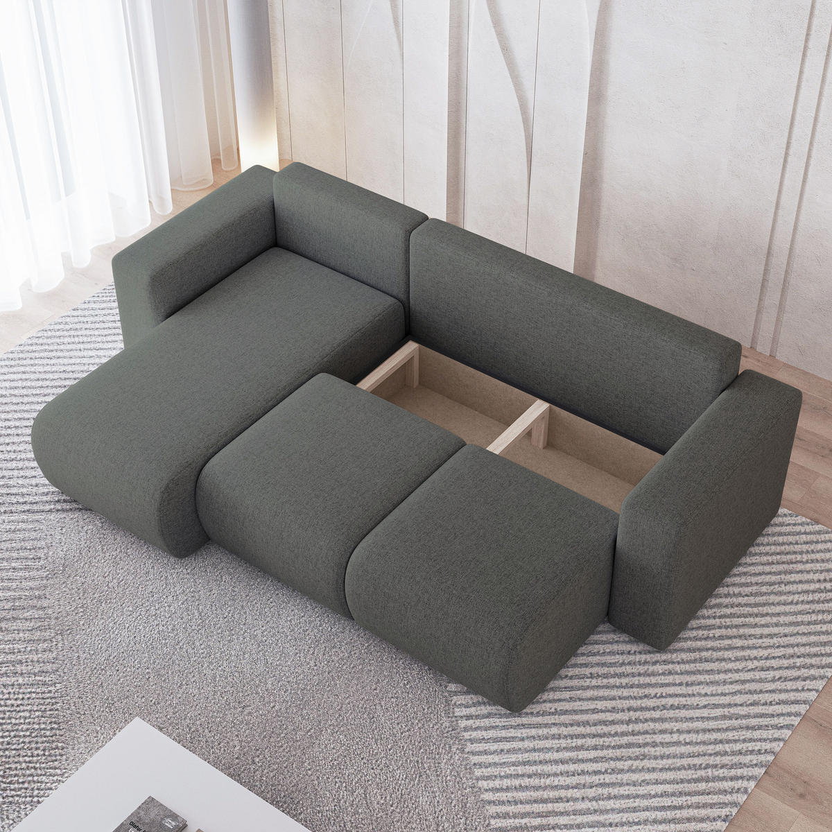 ECKSOFA RINOVA Grau Geflochtener Stoff mit Schlaffunktion - Grau, Holz (250/143cm) - MASSENO