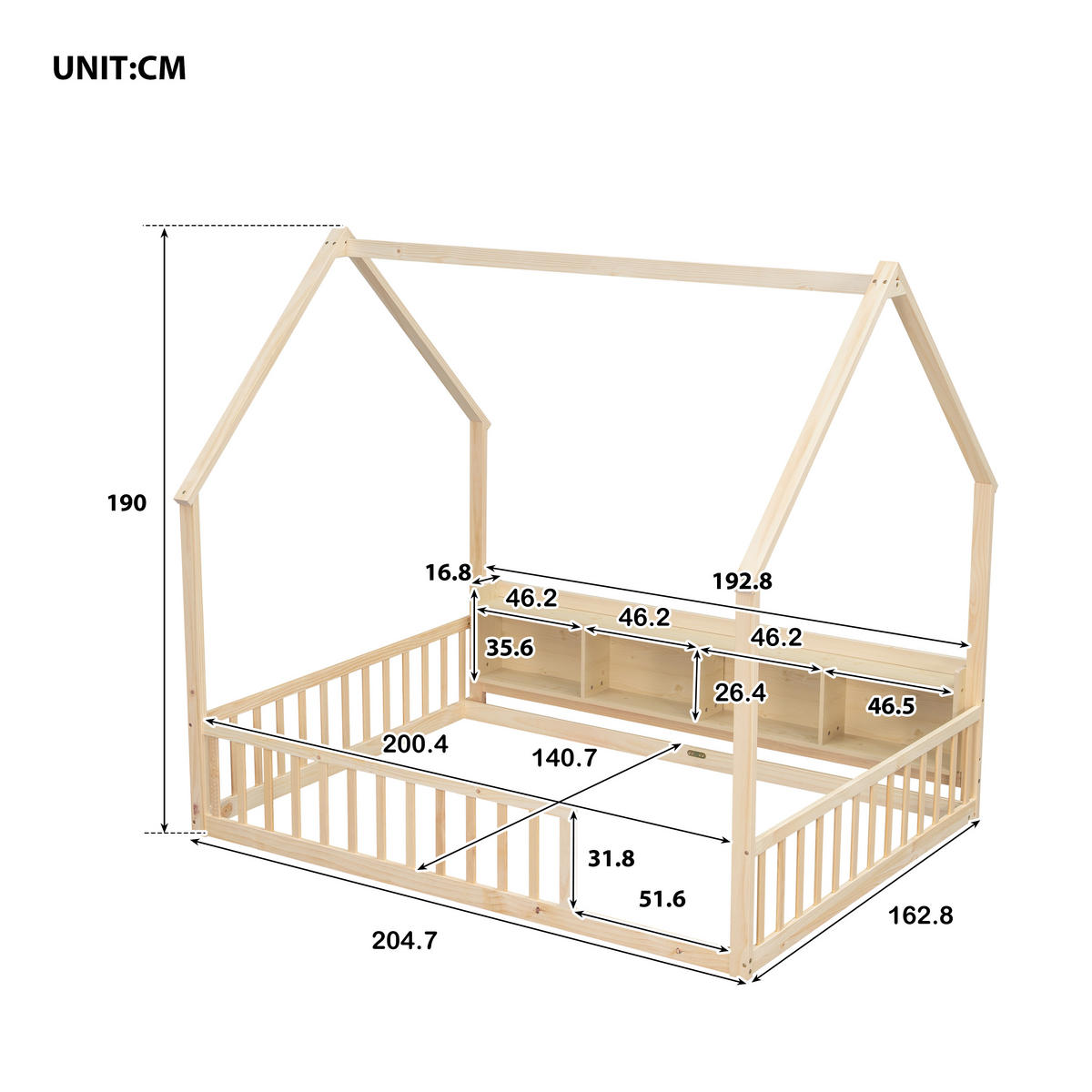 HAUSBETT 140/200 cm mit Ablagefächern, DE-41877, in Natur - Naturfarben, Holz (140/200cm) - ComfortXL