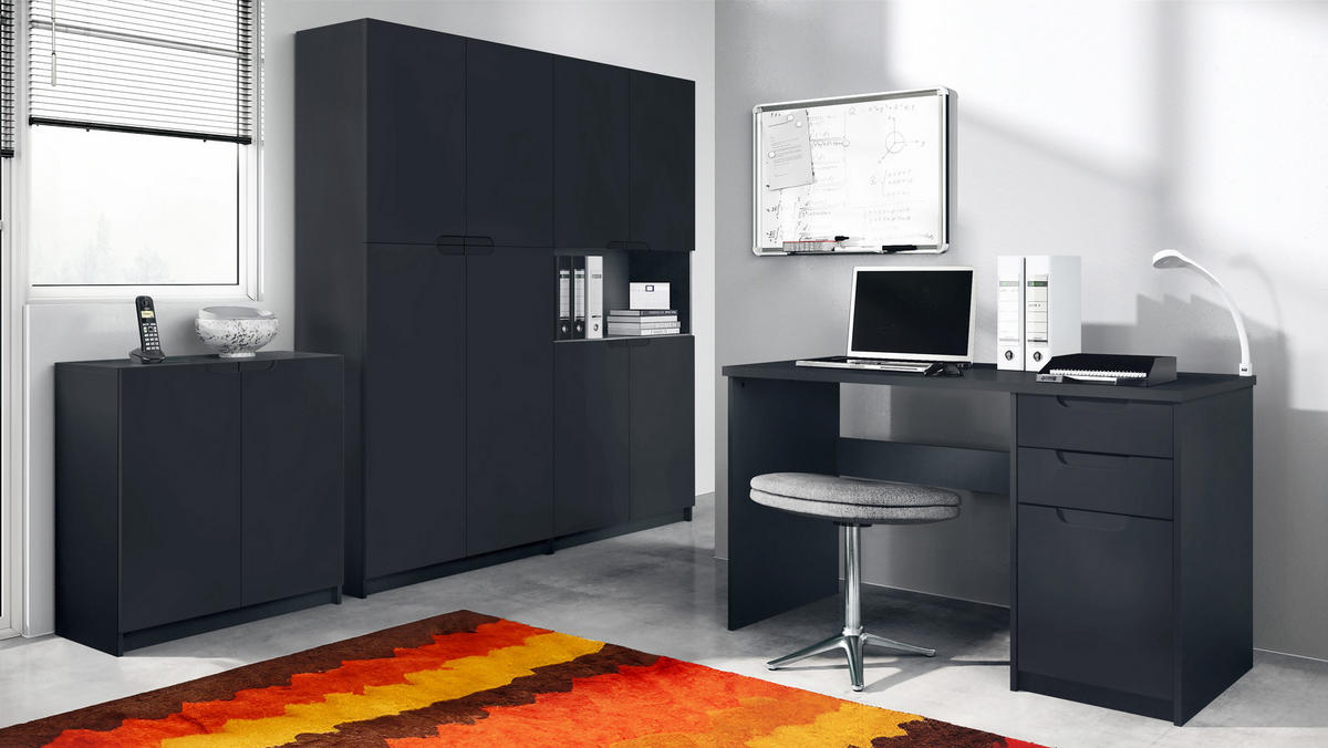 BÜROMÖBELSET Logan Fronten in Schwarz matt - Schwarz, Holzwerkstoff (246/185/60cm) - Vladon