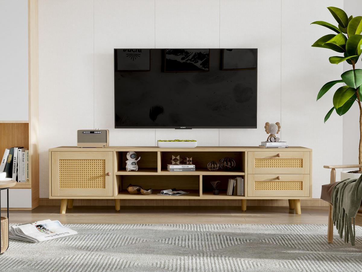 TV-SCHRANK 160/39/40,5 cm Eiche Spanplatte mit Kabelmanagement und 2 Rattanschubladen - Naturfarben, Holzwerkstoff (160/40/39cm) - OKWISH