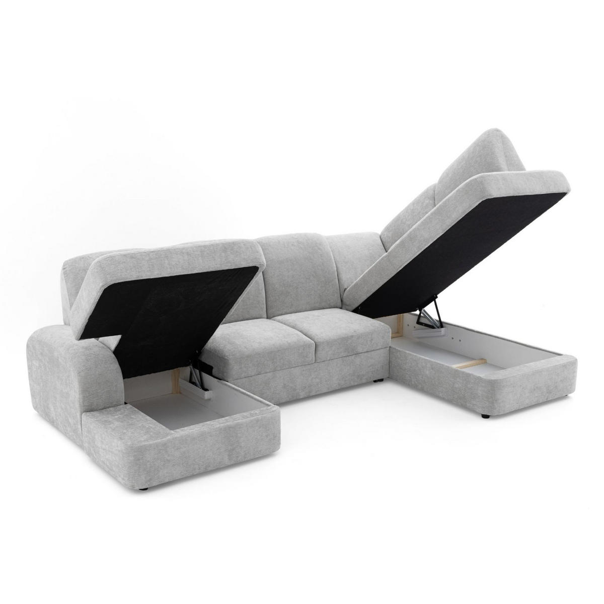 ECKSOFA VIBE U Rechts mit Schlaffunktion 129x263 Chenille Hellgrau - Hellgrau/Schwarz, Holz/Kunststoff (186/102/280cm) - Muffo