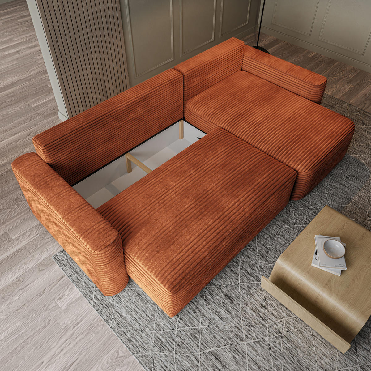 ECKSOFA NERI T Braun Kordstoff mit Schlaffunktion - Braun, Holzwerkstoff/Textil (280/157cm) - MASSENO