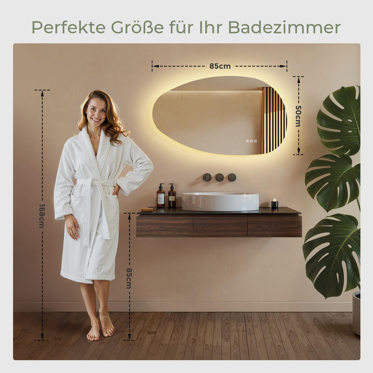 BADSPIEGEL MIT BELEUCHTUNG 50/85 cm asymmetrisch mit dimmbarer LED-Beleuchtung und Antibeschlag - Transparent, Glas (50/85/2.5cm) - S'AFIELINA