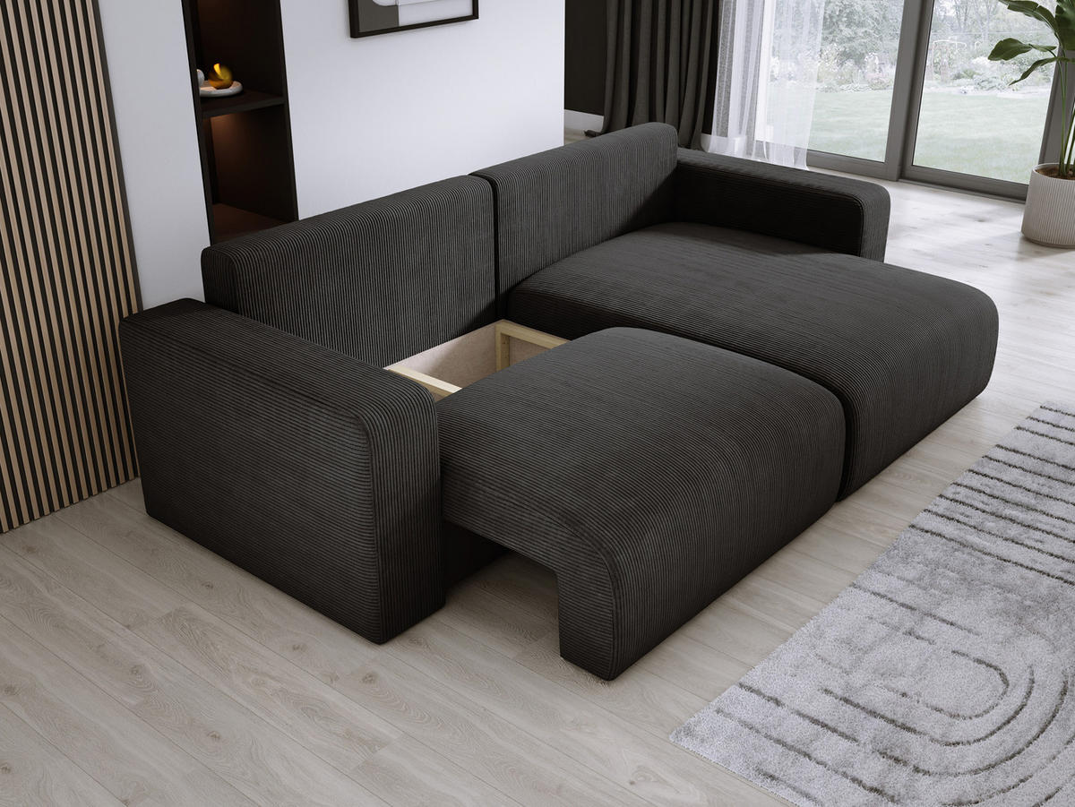 ECKSOFA Carl L-förmig Schlaffunktion und Bettkasten weicher Cordstoff flexibel stellbar lose Rückenkissen freistehend RECHTS 247x143x83cm Black - Schwarz, Holz/Textil (247/143cm) - DomoHome